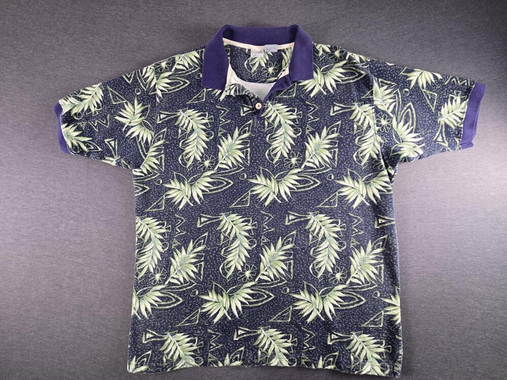 Vtg Op Polo Shirt Mens 2XL Blue Tropical Hawaiian Palm Print Cotton Knit Casual